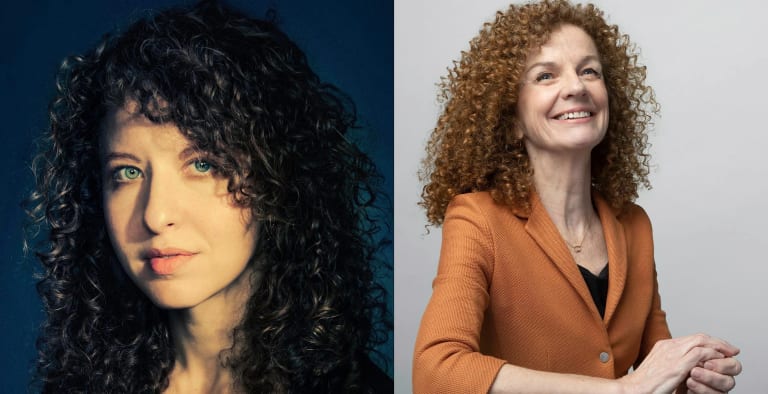 two portraits side by side: on the left is a woman with curly hair against a dark blue background and on the right is a woman with curly hair in an orange blazer against a white background