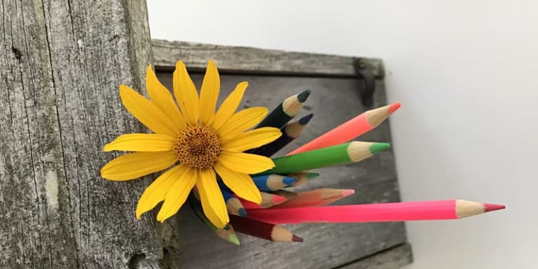 A yellow daisy and several colored pencils sticking out of a piece of distressed crate wood