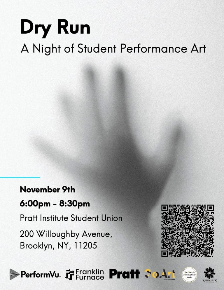 Performance announcement card with the event information presented around the image of a shadowy black and white silhouette of a hand that is out of focus, as if behind a translucent veil