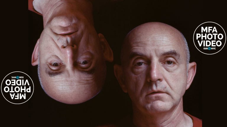 2 of the same photo of a middle-aged, bald man from the neck up; the one on the left is upside down, the one on the right is right side up.