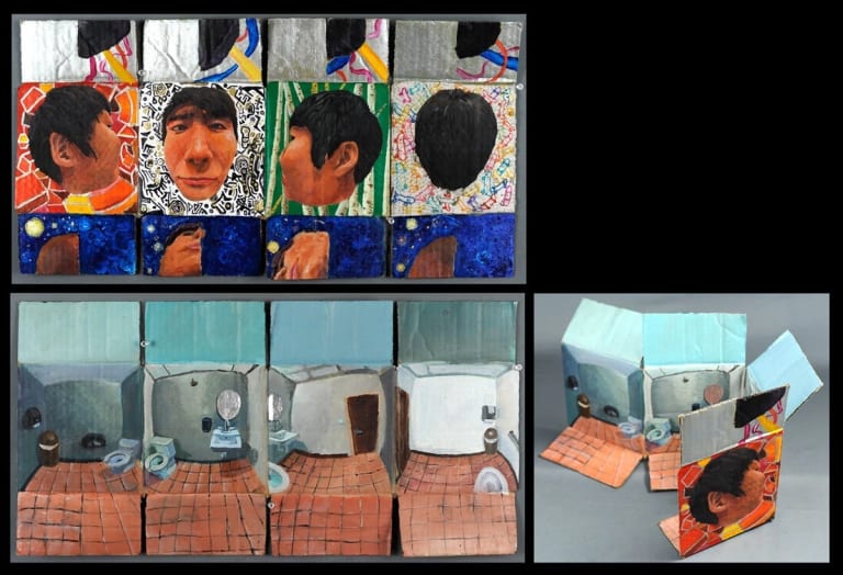 Several pictures in a collage of cardboard boxes decorated with the interior of a room, and colorful graphics on the outside. There's also a young man's face on each side of the box, each side with a different angle of it. 