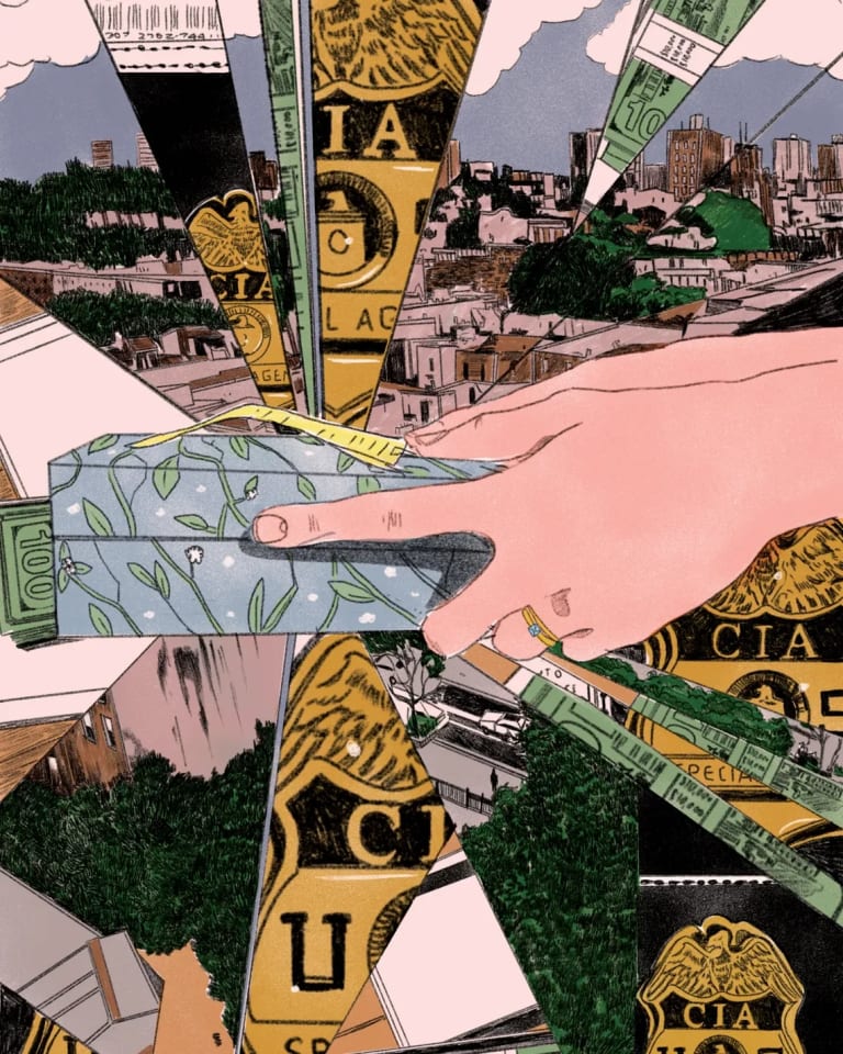 Illustration styled like a collage with several cut outs of city scapes mixed in with CIA badges and 100 dollar bills. In the center of the image a hand holds a box with a yellow note on top.