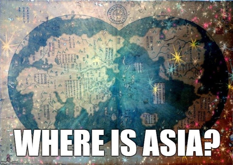 A meme showing an unusual world map view titled, "where is asia?"