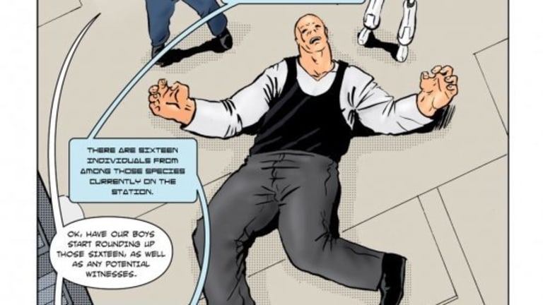 Comic with a large man lying on the ground while a man and a robot discuss him.