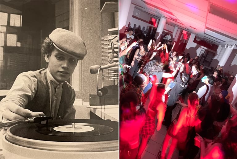 Two images, the first one is a sepia picture of a DJ in the 80s with a vinyl record, and the second one is a modern picture of young people at a dance party.