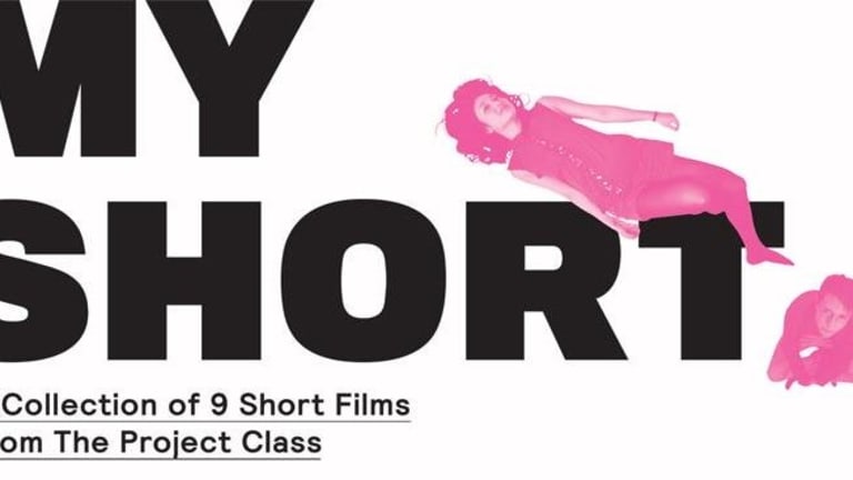 The words 'MY SHORT' above the words 'A Collection of 9 Short Films from The Project Class'. Two pink figures are to the right of the image.