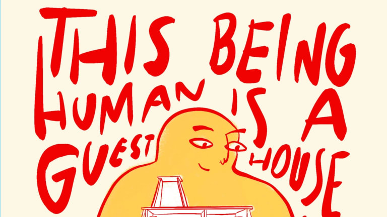 An abstracted and amorphous yellow person with bold red outlines smiles down at a cross-section of a house it holds in its arms while above it reads this being human is a guest house.