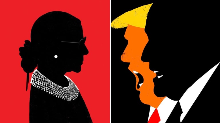 Two simplified profile illustrations, set side by side so they appear to be facing each other. On the left is late Supreme Court Justice Ruth Bader Ginsburg; on the right are President Donald Trump and former New York City Mayor Rudy Giuliani.