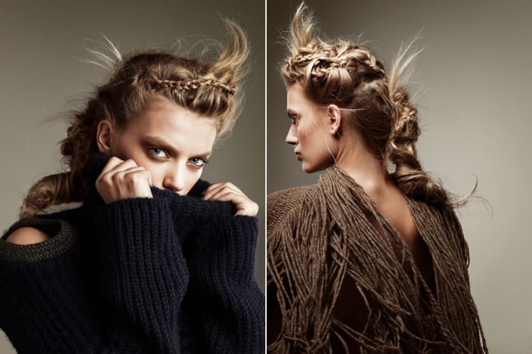 Two images of a blonde woman with braided hair. In the first one she is staring at the camera, covering the lower half of her face with her black sweater. In the second one she has her back to the camera.