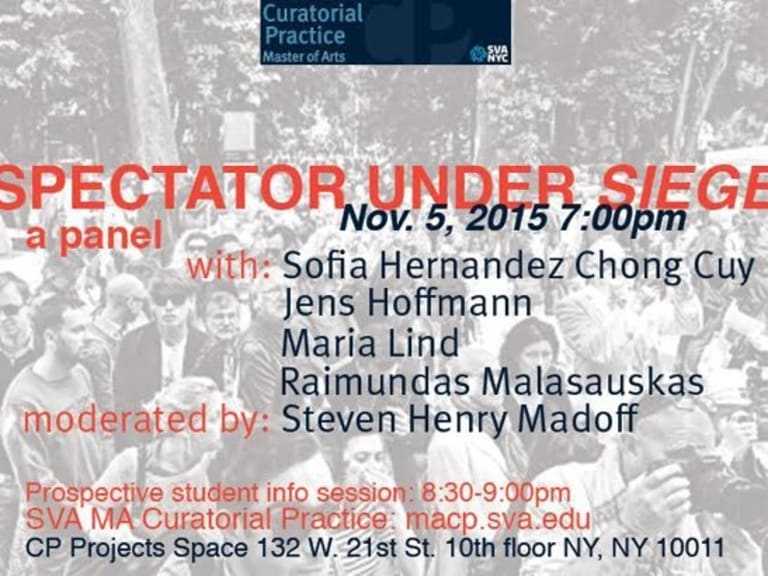 An panel invitation for spectator under siege has the date, panel speakers and other information on it.