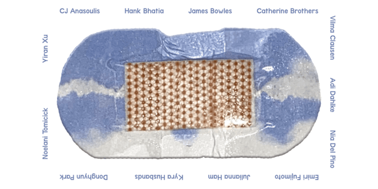 Image of a bandaid with cloud patters and a crochet interior. The bandaid is surrounded by the names of the exhibiting artists.