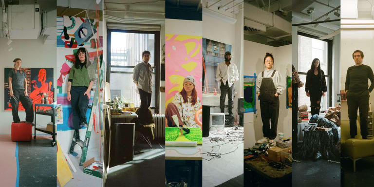 Images of 8 artists standing in their studios collaged together.