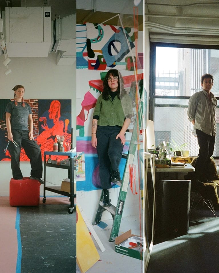 Images of 3 artists standing in their studios collaged together.