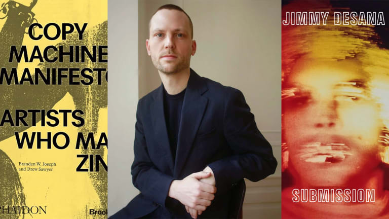 Three images layered over each other. The left image is a yellow and black zine cover titled "Copy Machine Manifestos - Artists Who Make Zines" by Branden W. Joseph and Drew Sawyer. The middle image is a portrait of a man sitting in a chair in front of a beige wall, wearing a black blazer and black undershirt. The right image is a red and yellow blurred cover of a person's face titled "Jimmy DeSana - Submission." 