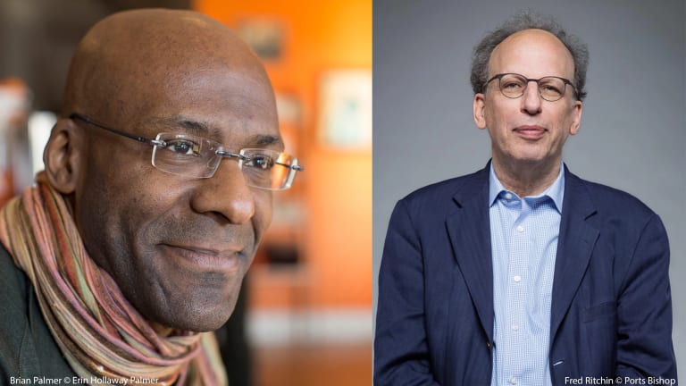 Two portraits side-by-side. The left portrait is Brian Palmer, a middle-aged Black man wearing a multi-color scarf and glasses, against a blurred orange background. The right portrait is Fred Ritchin, a middle-aged White man wearing a blue blazer and glasses against a gray background. 