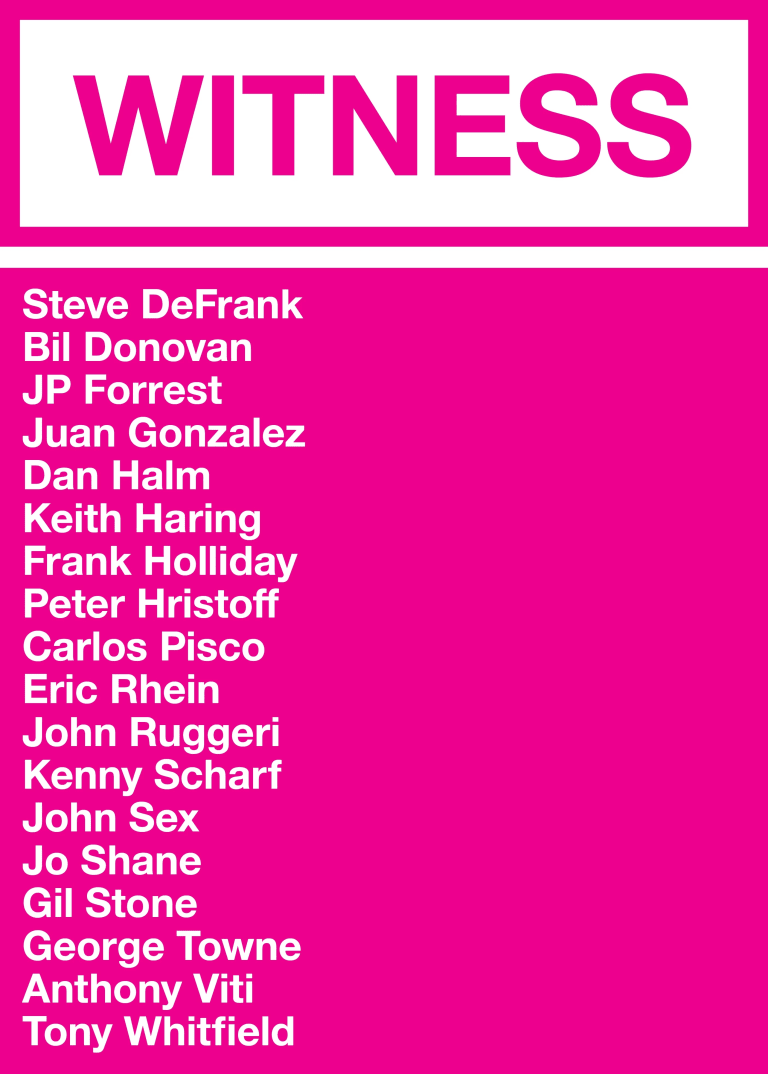 Title of exhibition in large block pink letters followed by a list of all the exhibiting artists.