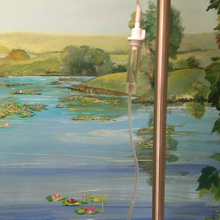 The background shows part of a wall on which is painted a mural of a landscape of a bucolic body of water with pink lotuses floating on it. The background of the mural is green and yellow hills and a bluish sky. In front of the mural, dissecting right of center, is part of a copper pole, from which hangs part of a plastic tube with liquid dripping through it.