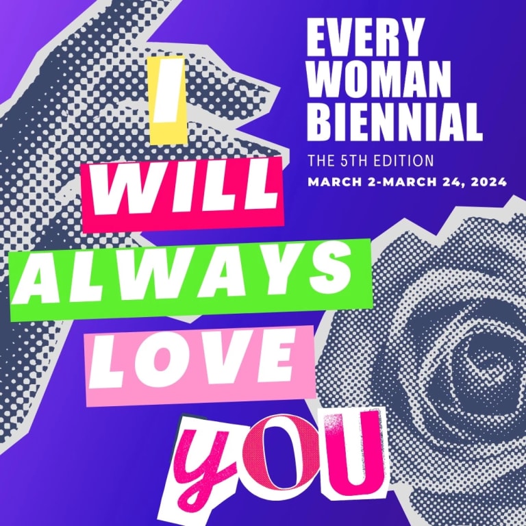 Exhibition invitation for “I Will Always Love You” with the event information superimposed over a gray and white stippled image of a hand reaching for a rose, presented against a purple background.