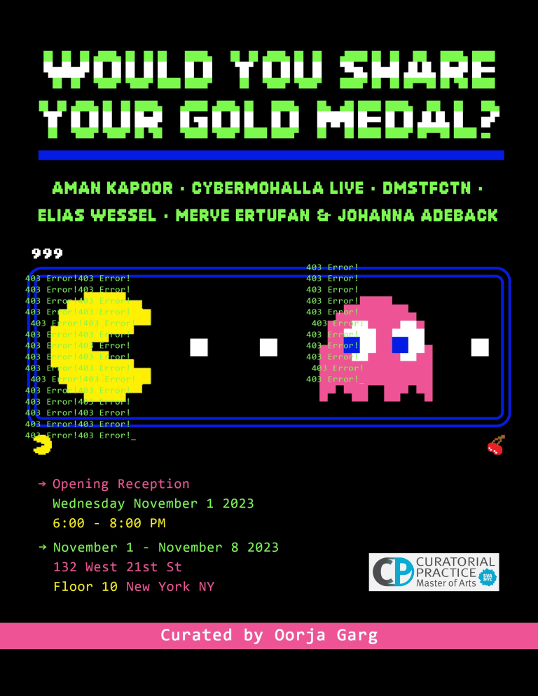 A graphic flyer featuring an image of pac man chasing after a pink ghost with the words "WOULD YOU SHARE YOUR GOLD MEDAL?" above it in green