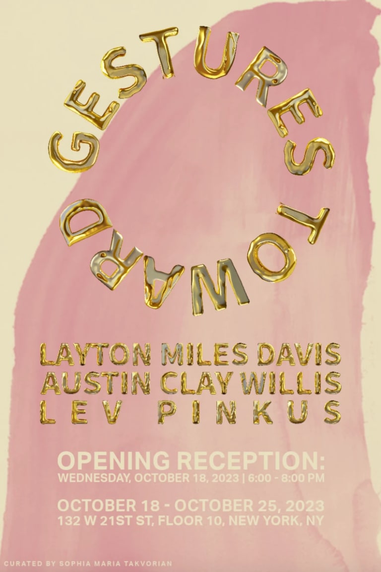 Poster with "Gestures Toward" written in gold text over a yellow and pink abstract painting