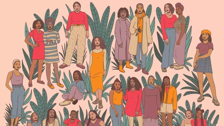 A graphic of different women of color standing together with a variety of plants behind them