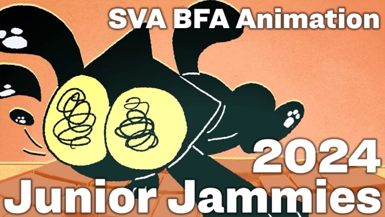 drawing of a black cat with squiggly eyes stumbling towards the camera with text over the image reading "SVA BFA Animation" on the top and "2024 Junior Jammies" on the bottom