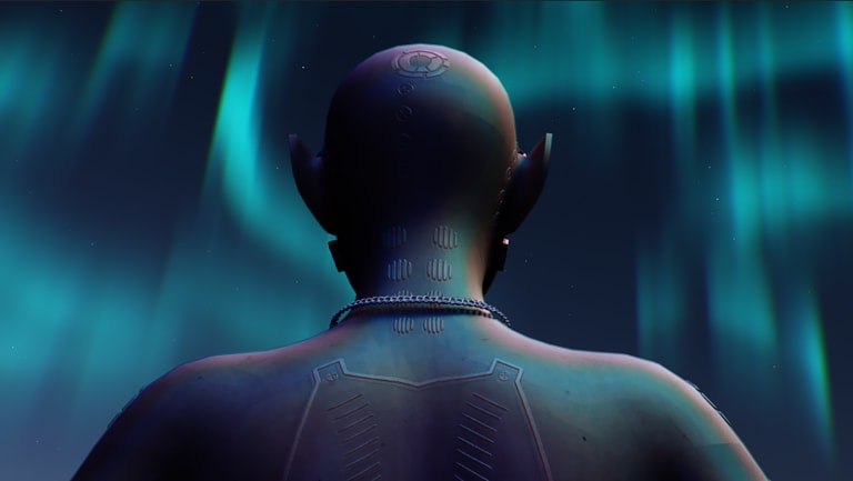 A video still of a humanoid facing a bluish aurora in the night sky in Liminal Space by Maria Gudjohnsen Sedlacek. 