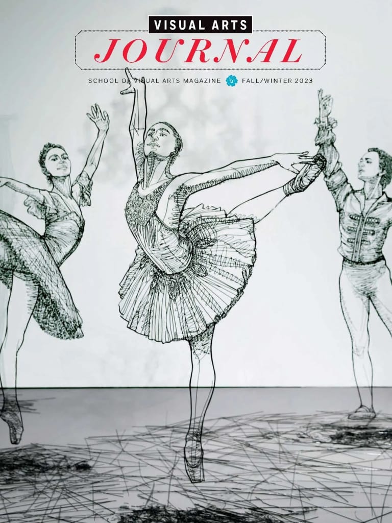 A magazine cover featuring an installation photograph of three sculptures of ballet dancers. The sculptures are made with wire and look like line drawings.
