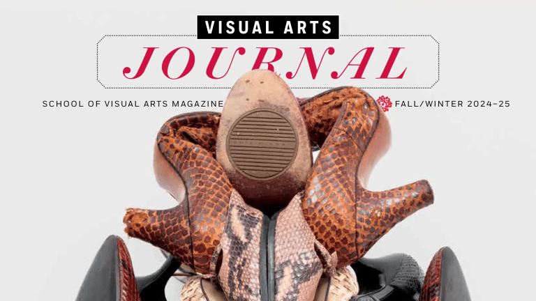 A magazine cover featuring a photograph of a sculpture made of high-heeled shoes against a blank white background. The sculpture resembles a mask or a face with its tongue sticking out.