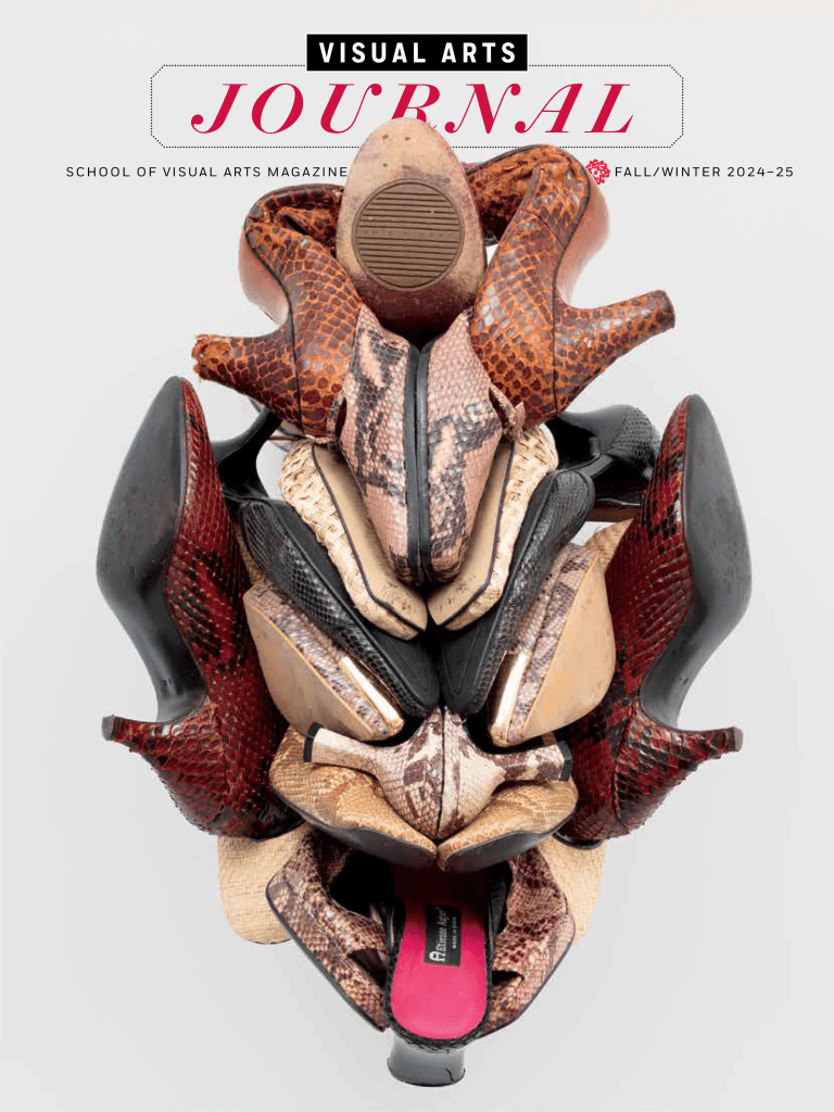 A magazine cover featuring a photograph of a sculpture made of high-heeled shoes against a blank white background. The sculpture resembles a mask or a face with its tongue sticking out.