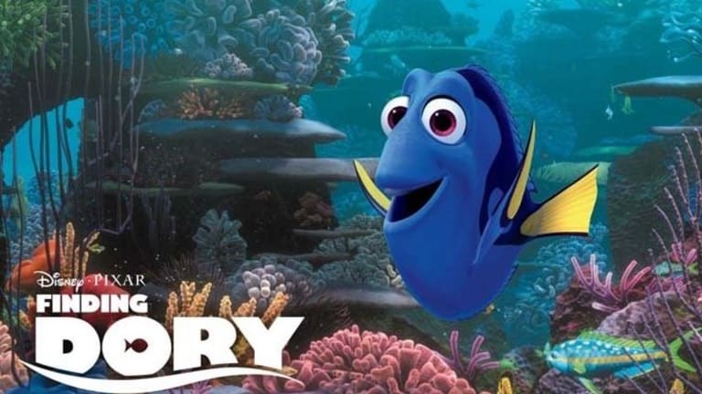 Movie cover for the Disney/Pixar film "Finding Dory." Featuring a coral reef background and Dory front and center.