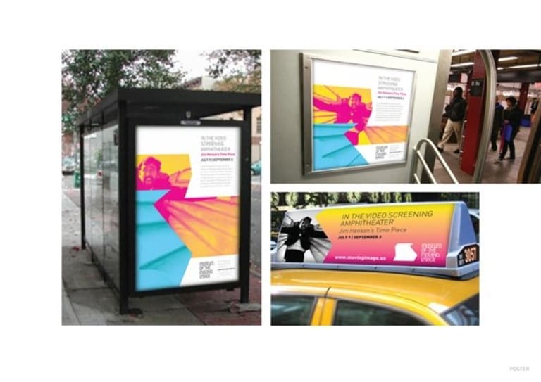 Advertising displayed on a buss shelter, a cab and a wall display.
