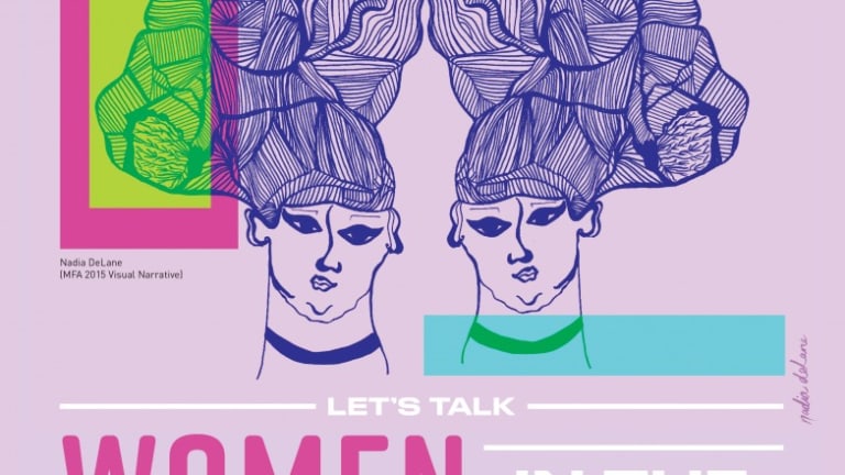 A poster that says 'Let's talk' and 'Women in the Creative Industries'. Two drawlings of women are shown.