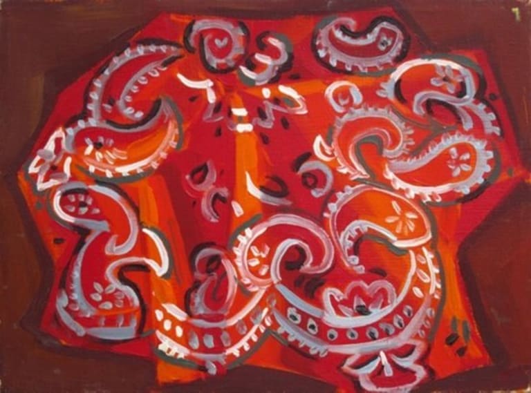 Abstract artwork featuring red and orange triangles in a polygonal shape over a dark red background. White and black swirly lines varnish the painting.