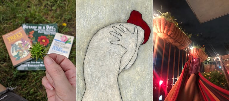 A 3 panel image. Left: A hand holds up a small green bud in front of blurred out books about plants that lay on the ground; middle: Abstract illustration of a person standing and facing away, with their arms wrapped around their torso. They wear something red on their head.; Right: the view from a hammock at night