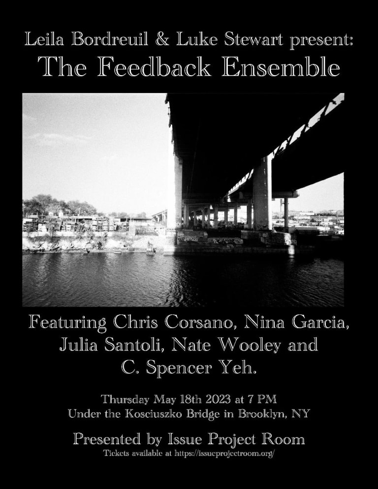 Event flyer with a black-and-white photo looking across the rover under the Kosciousko Bridge. The event details are listed in white letters on a black background