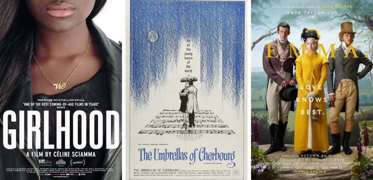 Three movie posters side by side: Left is "Girlhood" (2014), Middle is "The Umbrellas of Cherbourg" (1964) and Right is "Emma" (2020)