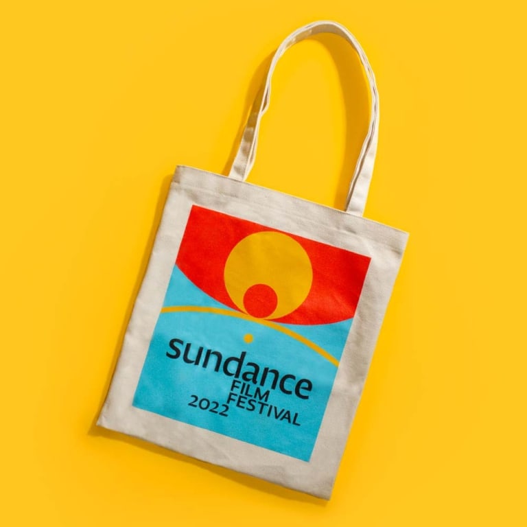 A photograph of a tote bearing the logo for the 2022 Sundance Film Festival.