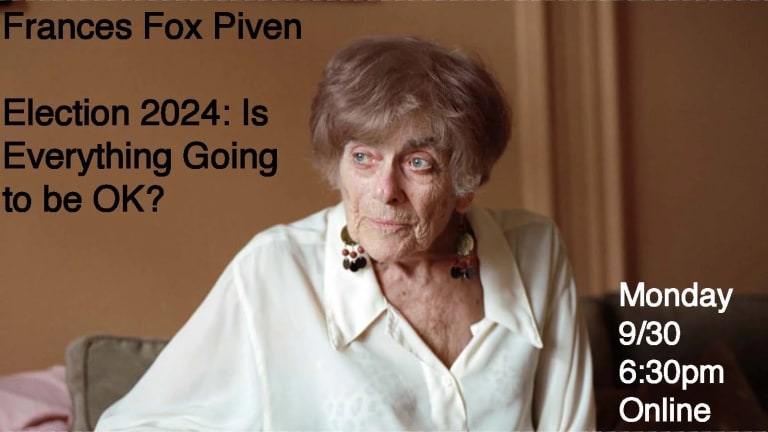 Frances Fox Piven poster, with Piven looking pensive