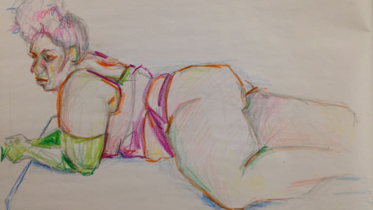 drawing of a figure and face in color pencil