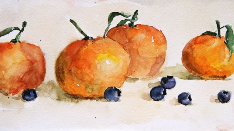 painting of peaches and blueberries