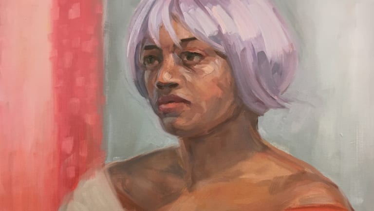 portrait of an African American Woman with light pink hair