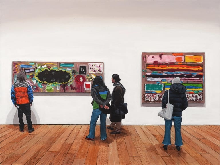 Painting of four people dressed in street clothes looking at two of Joan Snyder's paintings on the wall at Canada gallery. The walls are white and the floors are a wood, a warm tone. The Joan Snyder paintings depicted are colorful and abstract.