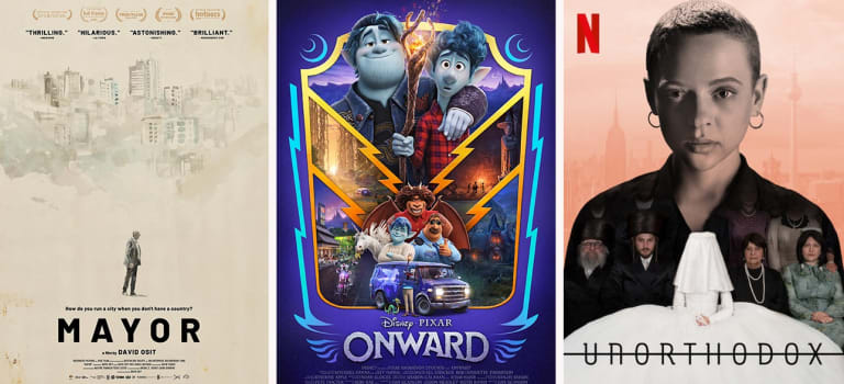 three movie posters side by side - one for the documentary Mayor, one for Pixar's Onward, and one for Netflix's Unorthodox