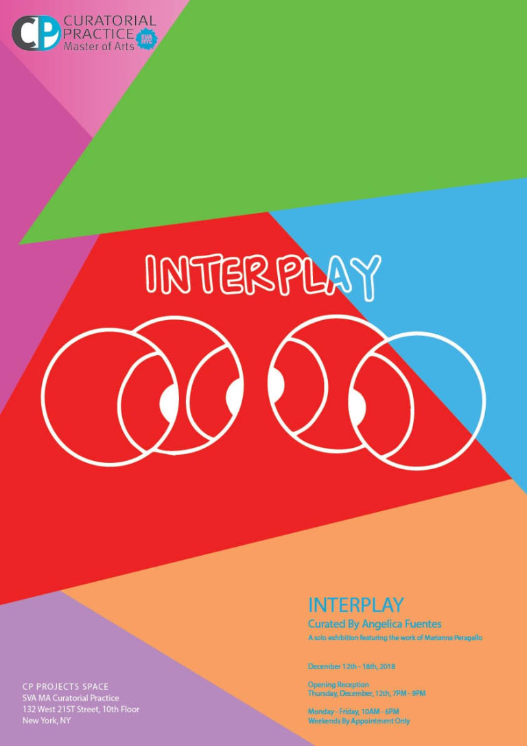 A block-color poster for INTERPLAY, with a drawing of 2 sets of cartoonish eyes looking at each other