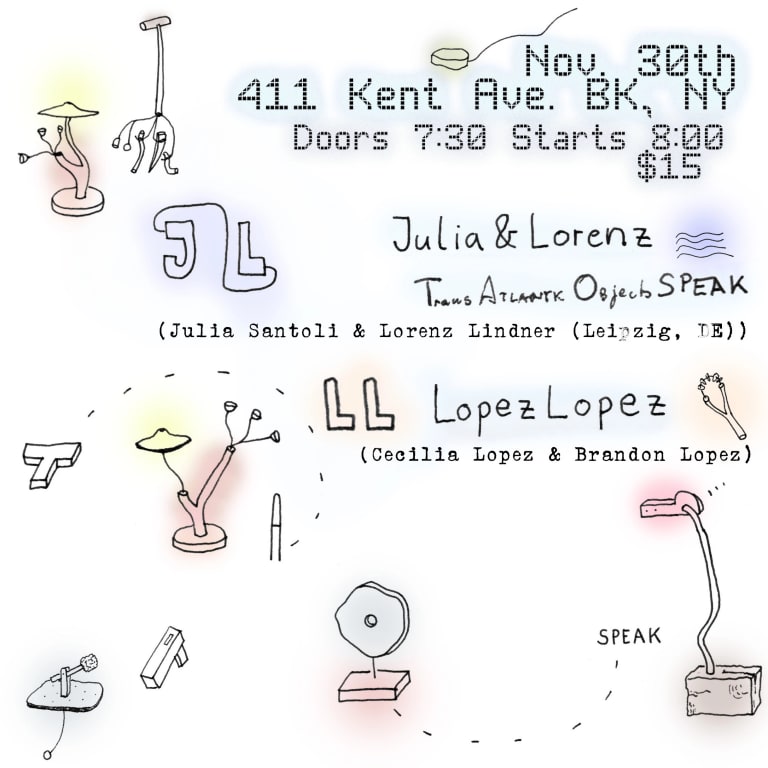 An event flyer with details of the performance and line drawings of various experimental musical instruments