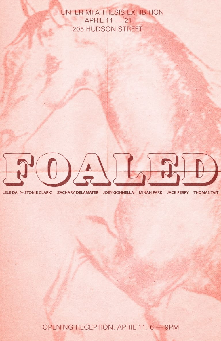 Invitation with information for the Hunter College MFA thesis exhibition “Foaled” presented over a pink background with a faint drawing of a horse’s head and front legs in the frame