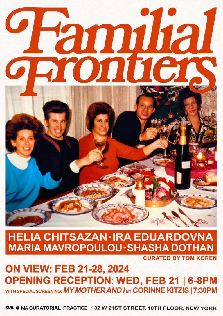 Image of a group of people eating dinner with the title Familial Frontiers in red