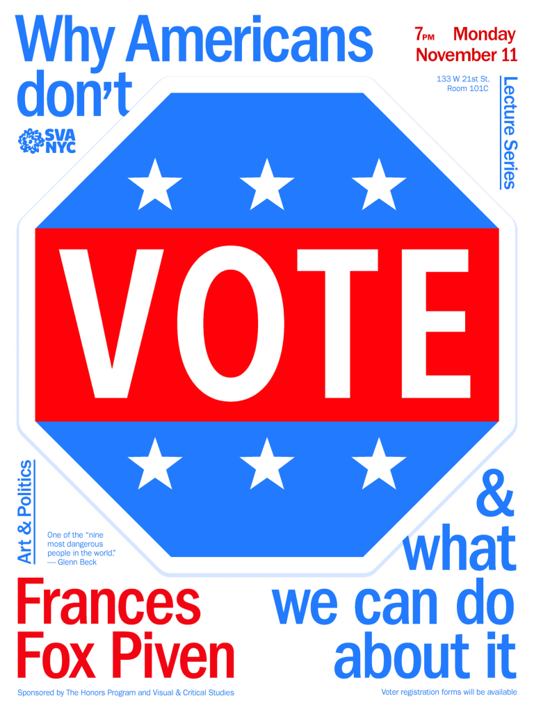 Poster for event, with VOTE in large letters in the center