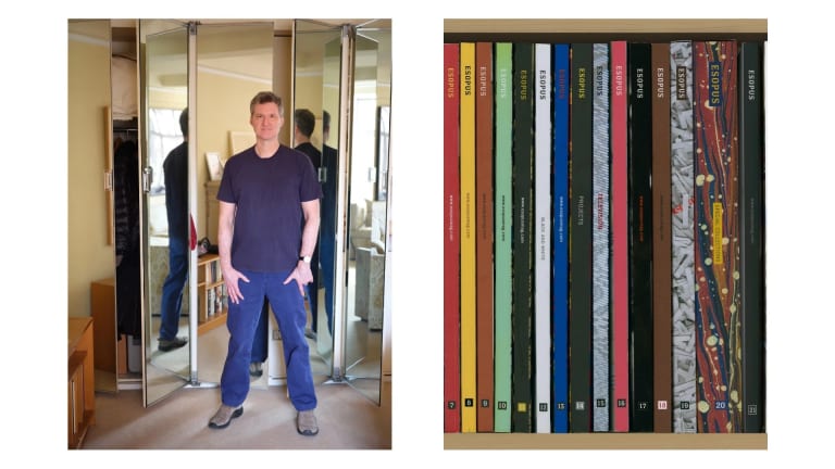 Photo collage. Left: white man wearing blue tshirt and jeans stands in front of multiple mirros. Right: a stack of rainbow book spines.
